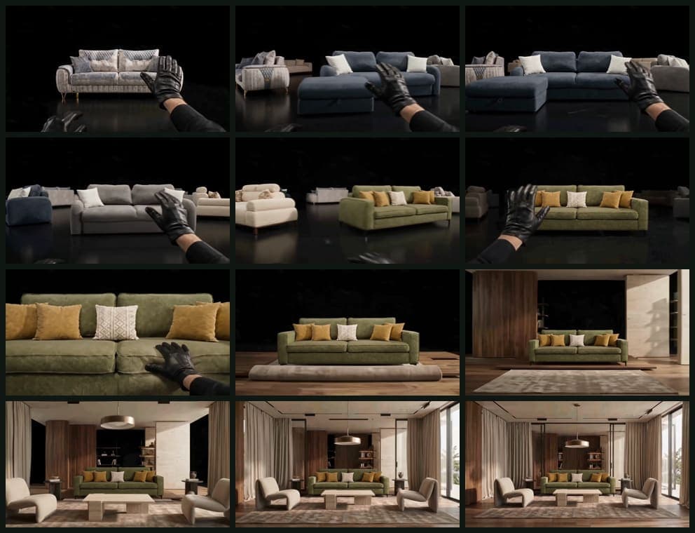 Beş divan reklamının seçilmiş kadrlarından hazırlanmış 12 hissəli storyboard