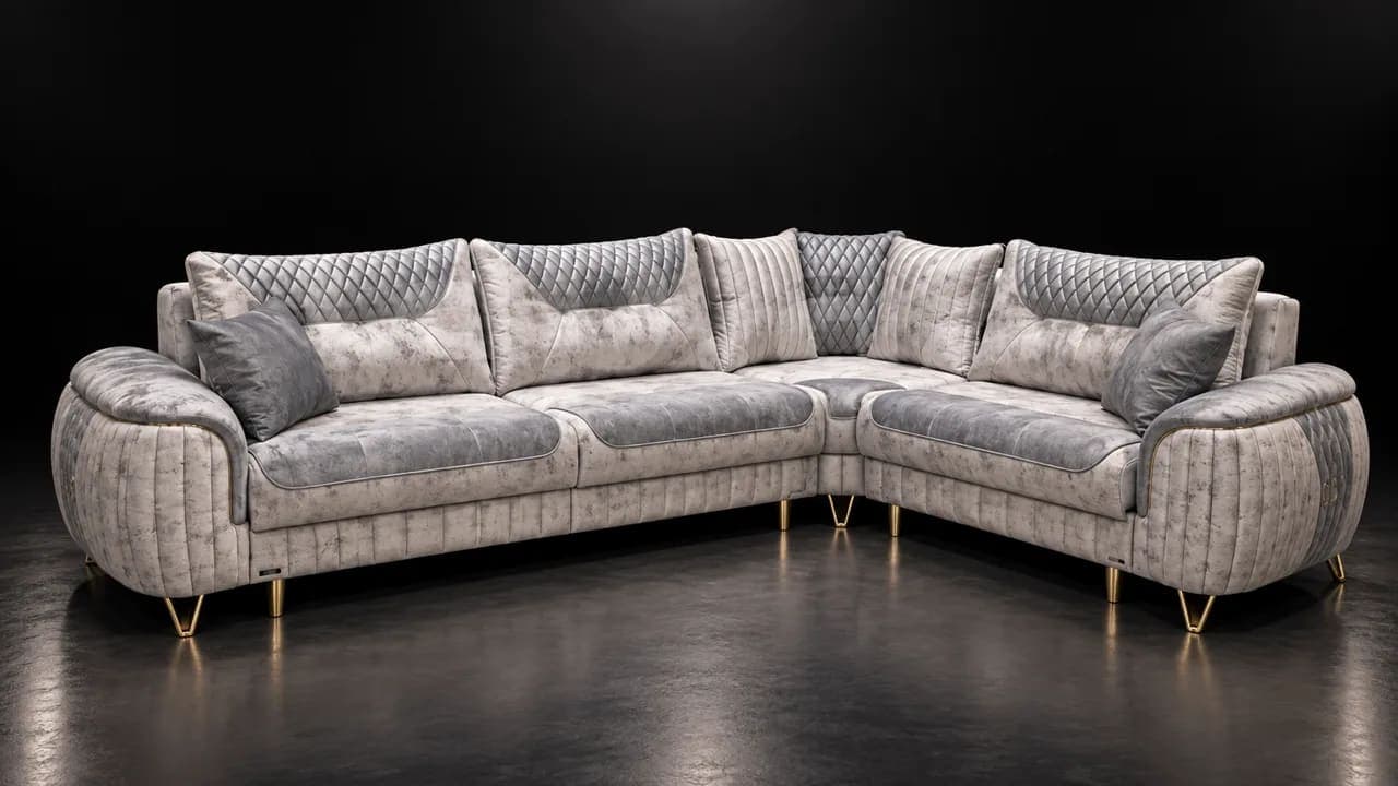 Studiyada açıq gümüşü boz künc divanı