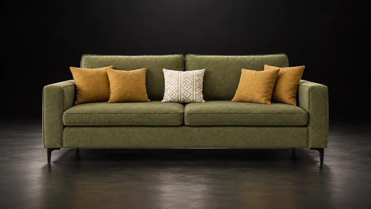 Studiyada zeytun yaşıl divan və dekor yastıqları
