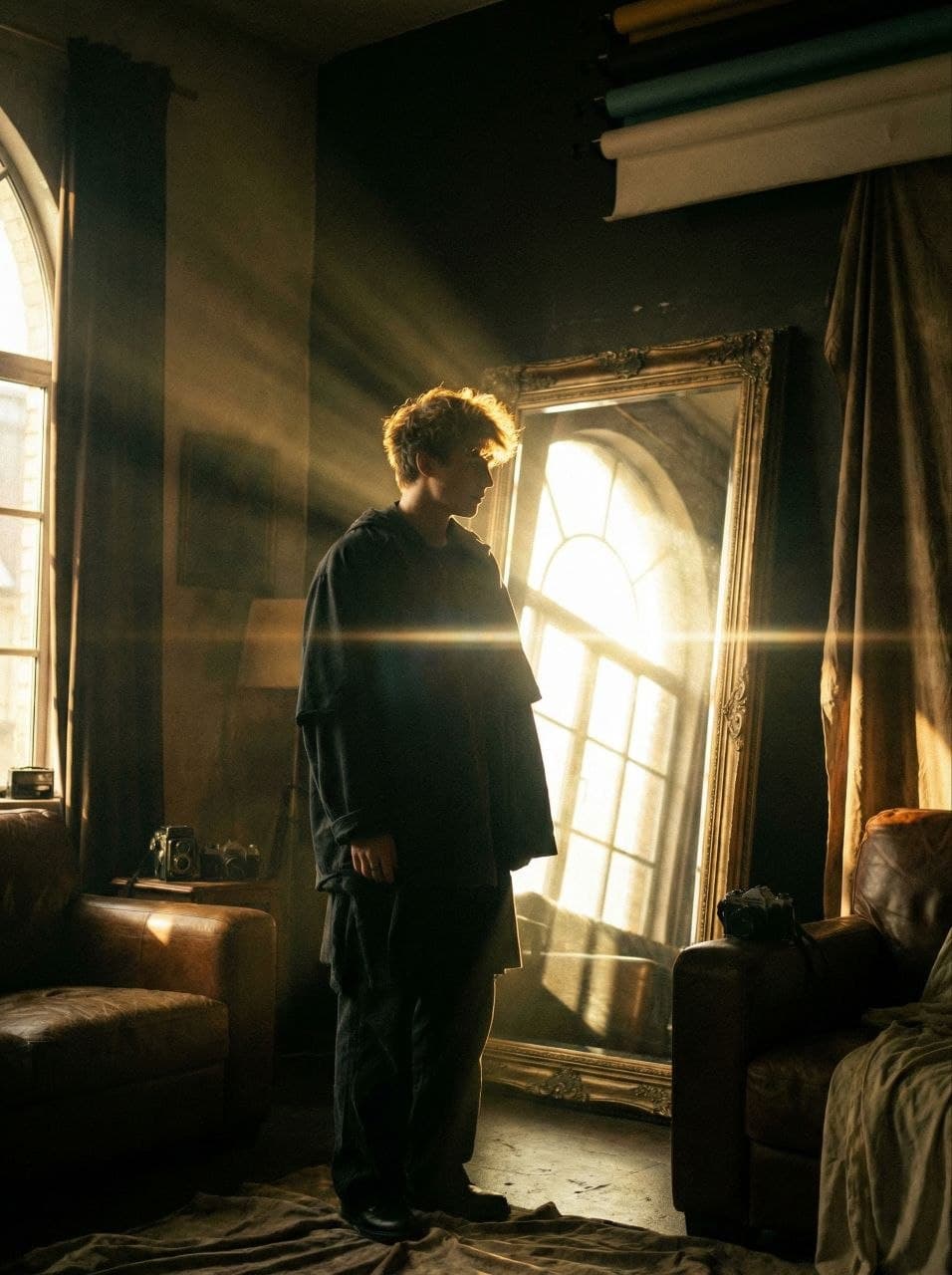 Cinematic photo of a male fashion influencer, tam ölçülü AI məhsul reklam vizualı