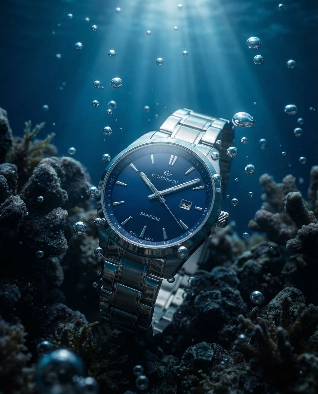 Lux Rəqəmsal Rolex Saatı Dəniz Altı Mənzərəsi Promptu, tam ölçülü AI məhsul reklam vizualı